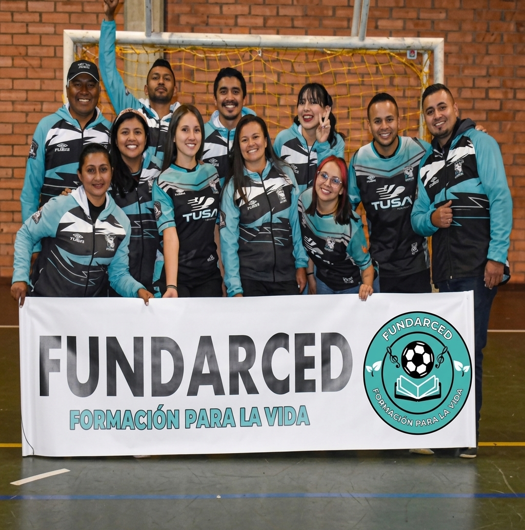 Equipo de FUNDARCED reunido junto a su bandera institucional